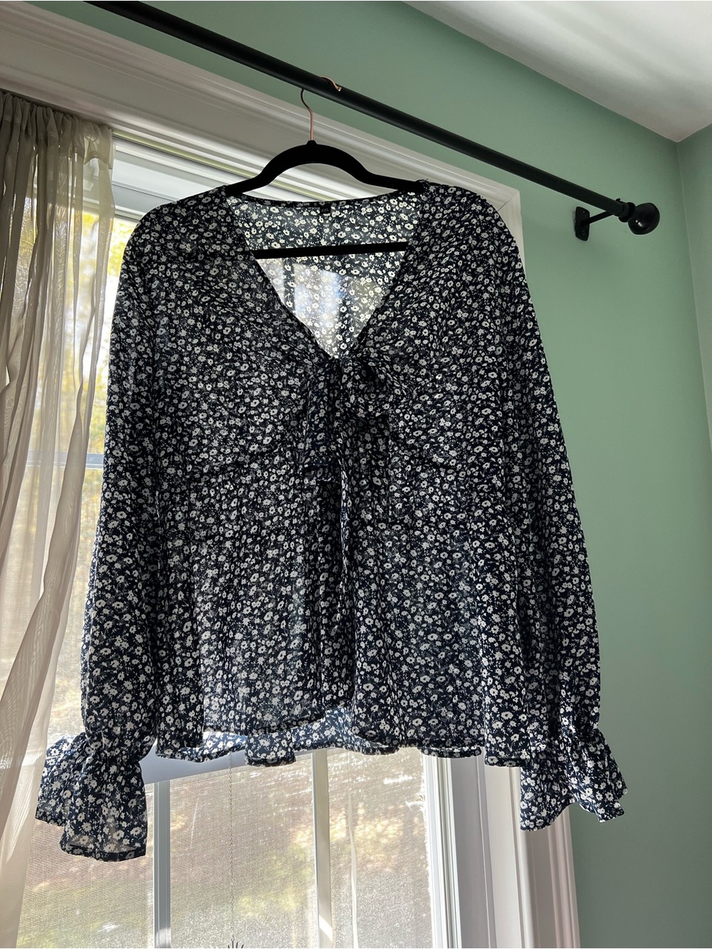 Navy Sheer Floral Tie-Front Blouse